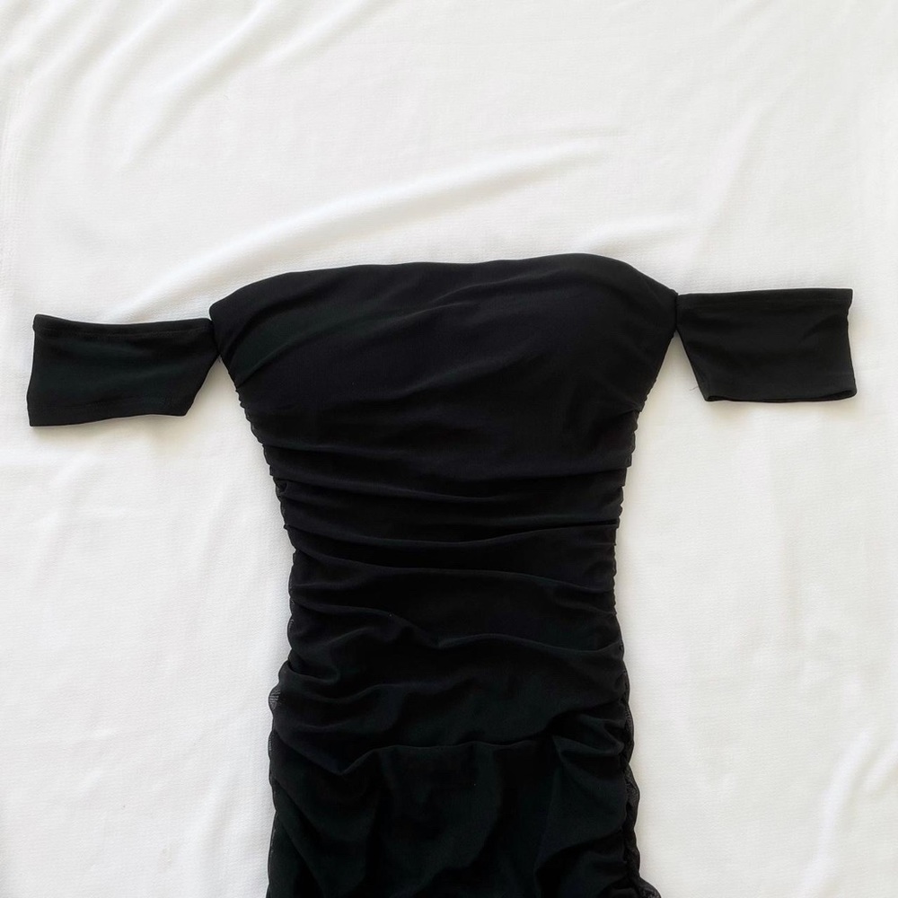 Black off the shoulder rouche dress